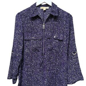 Michael Kors Blouse Size Small Purple Print Womens Tunic Top MK Logo Zipper